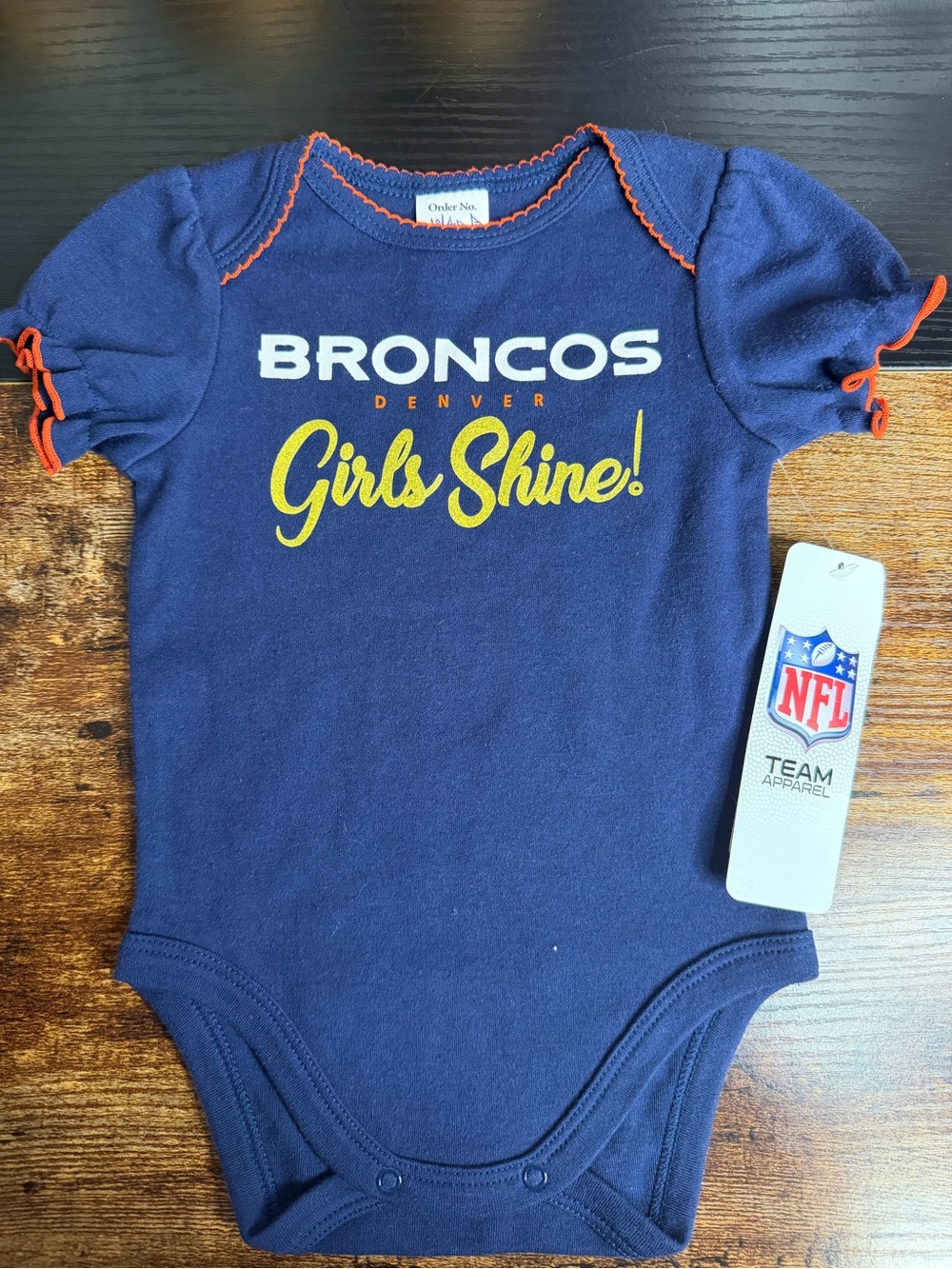 NFL Denver Broncos Navy One-Piece with Yellow Script and Orange Trim